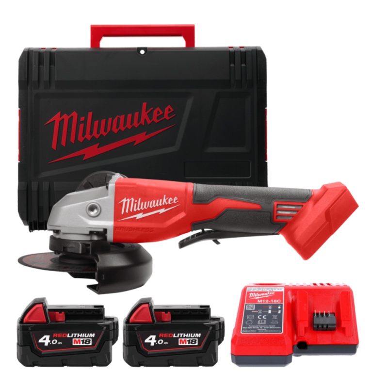 Купити Шліфмашина кутова - болгарка акумуляторна безщіткова MILWAUKEE, M18 BLSAG125XPD-402X, діаметр 125мм (зарядний пристрій М12-18 С, 2 акумулятори М18 В4 4Аг, бічна рукоять, захисний кожух, ключ, фланцева і притискна гайки, HDкейс). Офіційний магазин Мілвокі Україна, фірмова гарантія з доставкою по Украіні