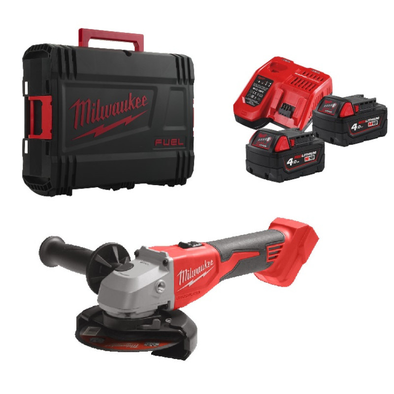 Купити Шліфмашина кутова акумуляторна безщіткова MILWAUKEE, M18 BLSAG125X-402X, діаметр 125мм (зарядний.пристрій М12-18 С, 2 акумулятори М18 В4 4Аг, бічна рукоять, захисний кожух, ключ, фланцева і притискна гайки, HDкейс). Офіційний магазин Мілвокі Україна, фірмова гарантія з доставкою по Украіні