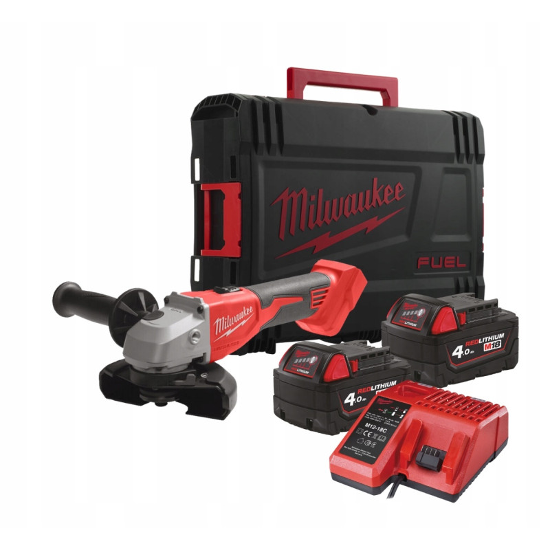 Купити Шліфмашина кутова акумуляторна безщіткова MILWAUKEE, M18 BLSAG125X-402X, діаметр 125мм (зарядний.пристрій М12-18 С, 2 акумулятори М18 В4 4Аг, бічна рукоять, захисний кожух, ключ, фланцева і притискна гайки, HDкейс). Офіційний магазин Мілвокі Україна, фірмова гарантія з доставкою по Украіні