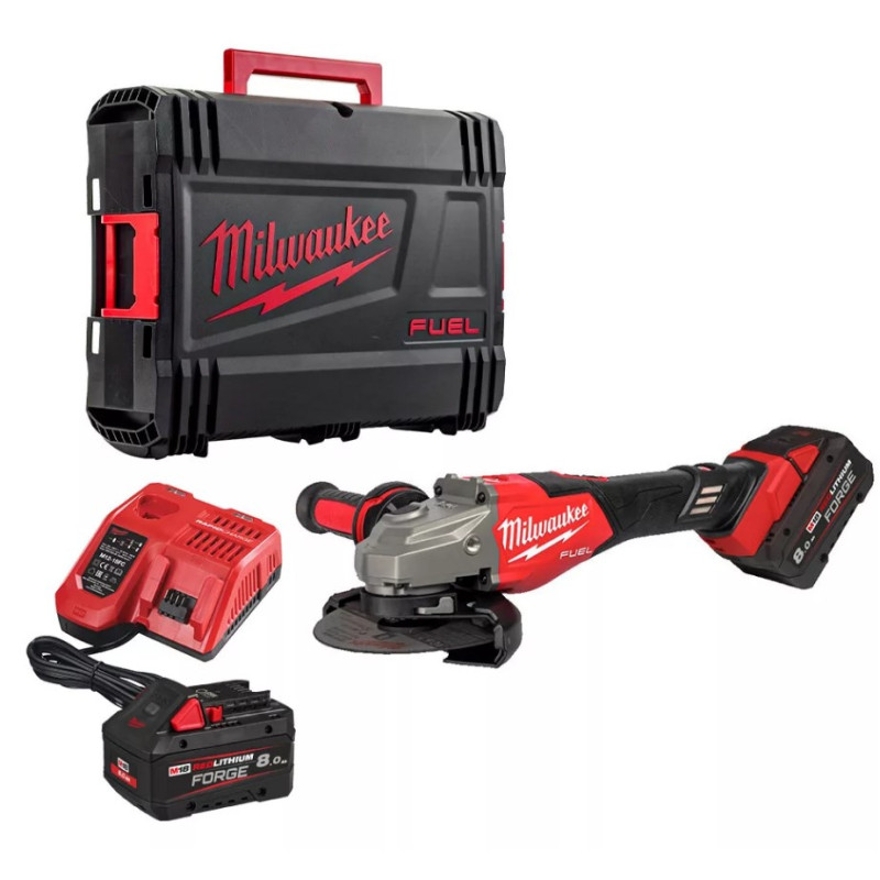 Купити Шліфмашина кутова - болгарка акумуляторна безщіткова MILWAUKEE, M18 FHSAG125XB2-802X, 1800Вт діаметр 125мм (зарядний пристрій M12-18 FC, 2 акумулятори М18 FB8 8 Аг, антивібраційна бічна рукоять, захисний кожух, ключ, фланцева та прижимна гайки, пилезахисн. Офіційний магазин Мілвокі Україна, фірмова гарантія з доставкою по Украіні