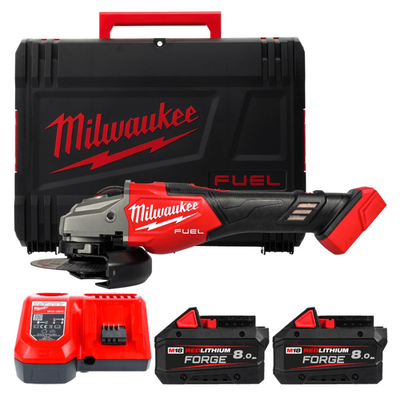 Купити Шліфмашина кутова - болгарка акумуляторна безщіткова MILWAUKEE, M18 FHSAG125XB2-802X, 1800Вт діаметр 125мм (зарядний пристрій M12-18 FC, 2 акумулятори М18 FB8 8 Аг, антивібраційна бічна рукоять, захисний кожух, ключ, фланцева та прижимна гайки, пилезахисн. Офіційний магазин Мілвокі Україна, фірмова гарантія з доставкою по Украіні