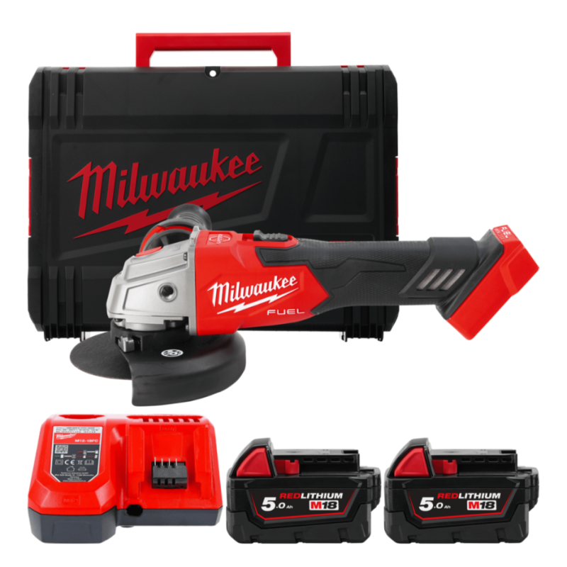 Купити Шліфмашина кутова - болгарка акумуляторна безщіткова MILWAUKEE, M18 FSAG125XB-502X, діаметр 125мм (зарядний пристрій M12-18 FC, +2 акум, захисний кожух, антивібрац.захисна рукоятка, безключова гайка, захисні екрани). Офіційний магазин Мілвокі Україна, фірмова гарантія з доставкою по Украіні