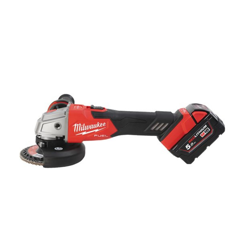 Купити Шліфмашина кутова - болгарка акумуляторна безщіткова MILWAUKEE, M18 FSAG125XB-502X, діаметр 125мм (зарядний пристрій M12-18 FC, +2 акум, захисний кожух, антивібрац.захисна рукоятка, безключова гайка, захисні екрани). Офіційний магазин Мілвокі Україна, фірмова гарантія з доставкою по Украіні