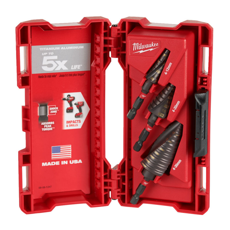 Купити Набір свердл ступінчастих SHOCKWAVE Impact Duty MILWAUKEE, (діаметр 4-12мм, 4-20мм, 4-30мм) (3шт), пластикова коробка. Офіційний магазин Мілвокі Україна, фірмова гарантія з доставкою по Украіні