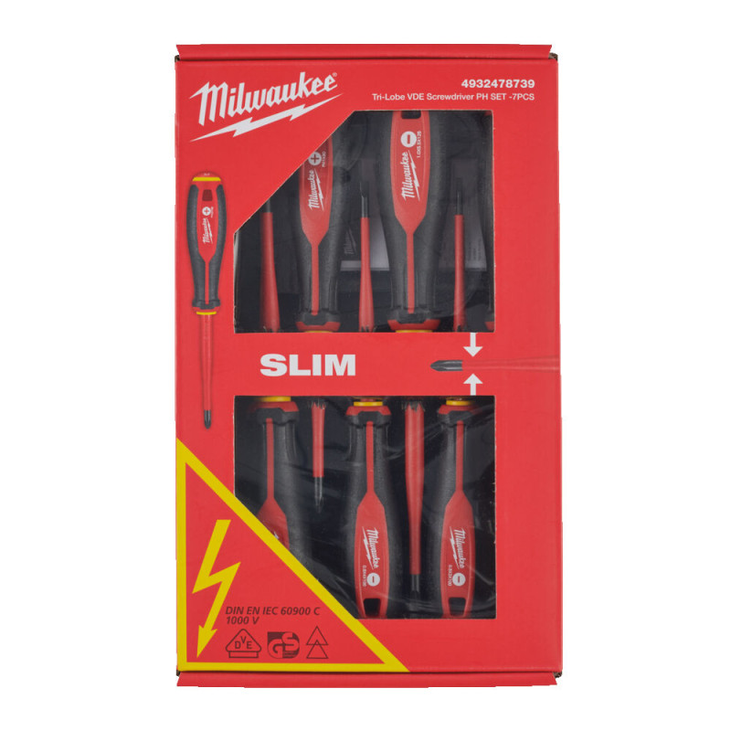 Купити Набір викруток ізольованих VDE MILWAUKEE, (SL2,5/ SL3/ SL4/ SL5.5/ PH1/PH2 / викрутка-тестер) (7шт). Офіційний магазин Мілвокі Україна, фірмова гарантія з доставкою по Украіні