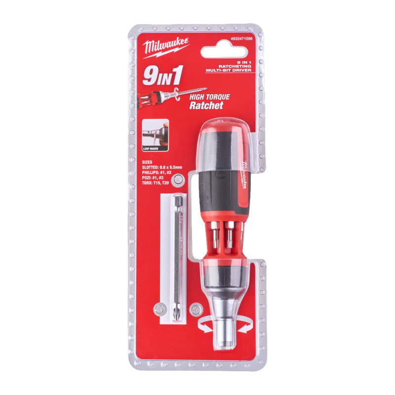 Купити Викрутка з тріскачкою універсальна 9-в-1 (PH1, PH2, PZ1, PZ2, Torx15, Torx20, SL5.5) MILWAUKEE. Офіційний магазин Мілвокі Україна, фірмова гарантія з доставкою по Украіні