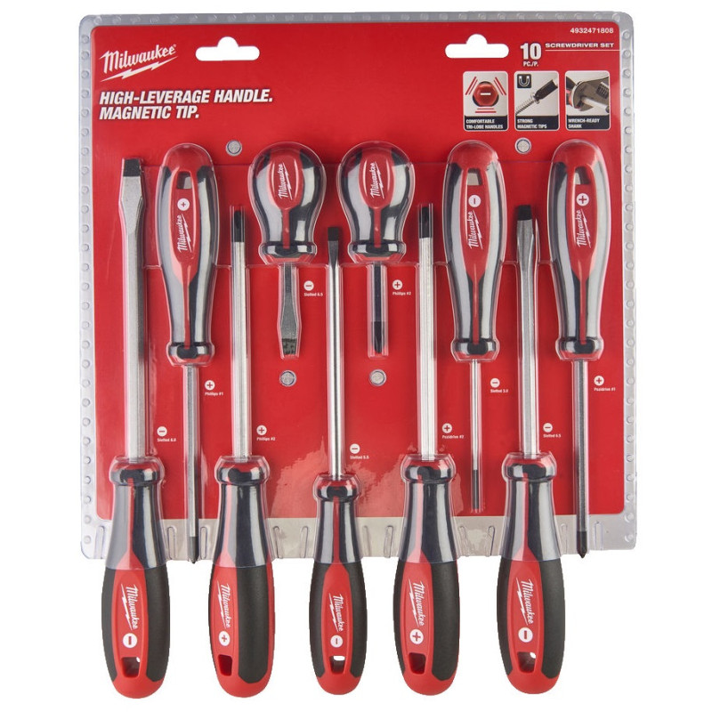 Купити Набір викруток магнітних з тригранною рукояткою MILWAUKEE, (PZ1/PZ2/PH1/ PH2/ SL3/SL5,5/ SL6,5/ SL6,5/SL8) (10шт). Офіційний магазин Мілвокі Україна, фірмова гарантія з доставкою по Украіні