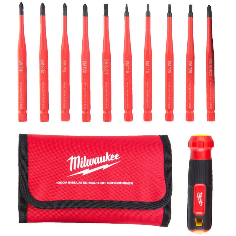 Купити Набір викруток прецезійних ізольованих VDE MILWAUKEE 10-в-1 (рукоятка VDE + 10 біт VDE, текстильний чохол). Офіційний магазин Мілвокі Україна, фірмова гарантія з доставкою по Украіні