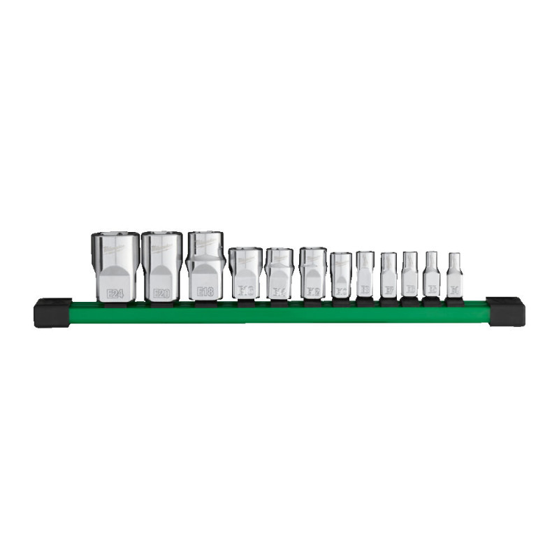 Купити Набір головох хромованих метричних 1/4'',  3/8'', 1/2'' TORX Е-стандарт MILWAUKEE, на планці (13шт). Офіційний магазин Мілвокі Україна, фірмова гарантія з доставкою по Украіні