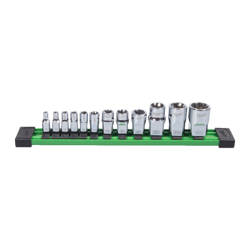 Купити Набір головох хромованих метричних 1/4'',  3/8'', 1/2'' TORX Е-стандарт MILWAUKEE, на планці (13шт). Офіційний магазин Мілвокі Україна, фірмова гарантія з доставкою по Украіні