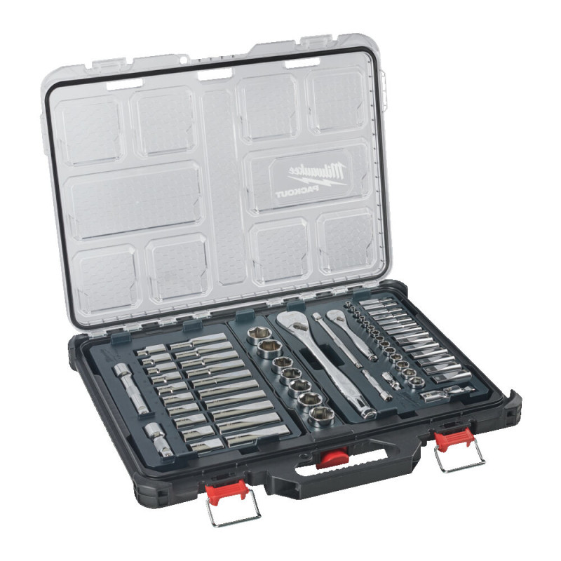 Купити Набір головок торцевих хромованих 1/2''+ 1/4'' PACKOUT MILWAUKEE, з тріскачкою, (63шт), пластиковий органайзер. Офіційний магазин Мілвокі Україна, фірмова гарантія з доставкою по Украіні
