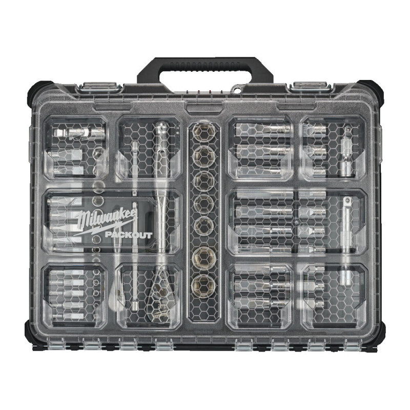 Купити Набір головок торцевих хромованих 1/2''+ 1/4'' PACKOUT MILWAUKEE, з тріскачкою, (63шт), пластиковий органайзер. Офіційний магазин Мілвокі Україна, фірмова гарантія з доставкою по Украіні