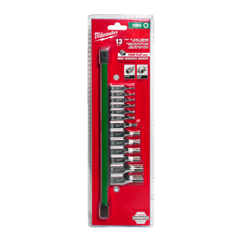Купити Набір головок торцевих хромованих 1/4'' и 3/8'' MILWAUKEE, з бітой Torx (T8-T60) на планці, (13шт). Офіційний магазин Мілвокі Україна, фірмова гарантія з доставкою по Украіні