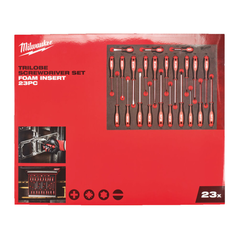 Купити Ложемент з викрутками з триграними рукоятками MILWAUKEE, (23шт) (45х536х417мм) для візків (SL,.5/SL3/SL4/SL5,5/SL6/ SL6,5/SL8мм /PH0/PH1/PH2/ PH2/PH3/PZ0/ PZ1/PZ2/PZ2/PZ3/ T10/T15/T20/ T25/T30/T40. Офіційний магазин Мілвокі Україна, фірмова гарантія з доставкою по Украіні