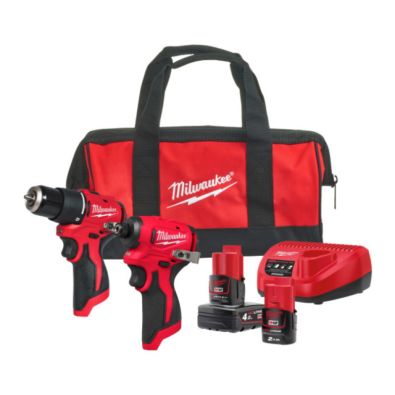 Купити Набір інструментів акумуляторних MILWAUKEE M12 BLPP2B-422B (дриль-шуруповерт M12 BLPDRC, шуруповерт BLIDRC. зарядний пристрій, 1Х2Аг, 1Х4Аг, сумка). Офіційний магазин Мілвокі Україна, фірмова гарантія з доставкою по Украіні