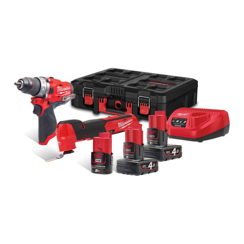Купити Набір з 2 інструментів акумуляторних безщіткових MILWAUKEE M12 FPP2AX-423P (зарядний пристрій С12 С, 2 акумулятори М12 В4 4Аг, 1 акумулятор М12 В2 2Аг, M12 FDD-0, M12 FMT, кейс PACKOUT). Офіційний магазин Мілвокі Україна, фірмова гарантія з доставкою по Украіні