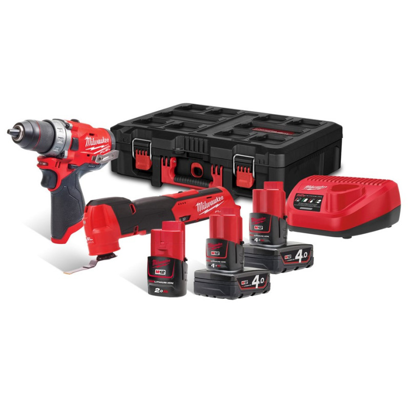 Купити Набір з 2 інструментів акумуляторних безщіткових MILWAUKEE M12 FPP2AX-423P (зарядний пристрій С12 С, 2 акумулятори М12 В4 4Аг, 1 акумулятор М12 В2 2Аг, M12 FDD-0, M12 FMT, кейс PACKOUT). Офіційний магазин Мілвокі Україна, фірмова гарантія з доставкою по Украіні