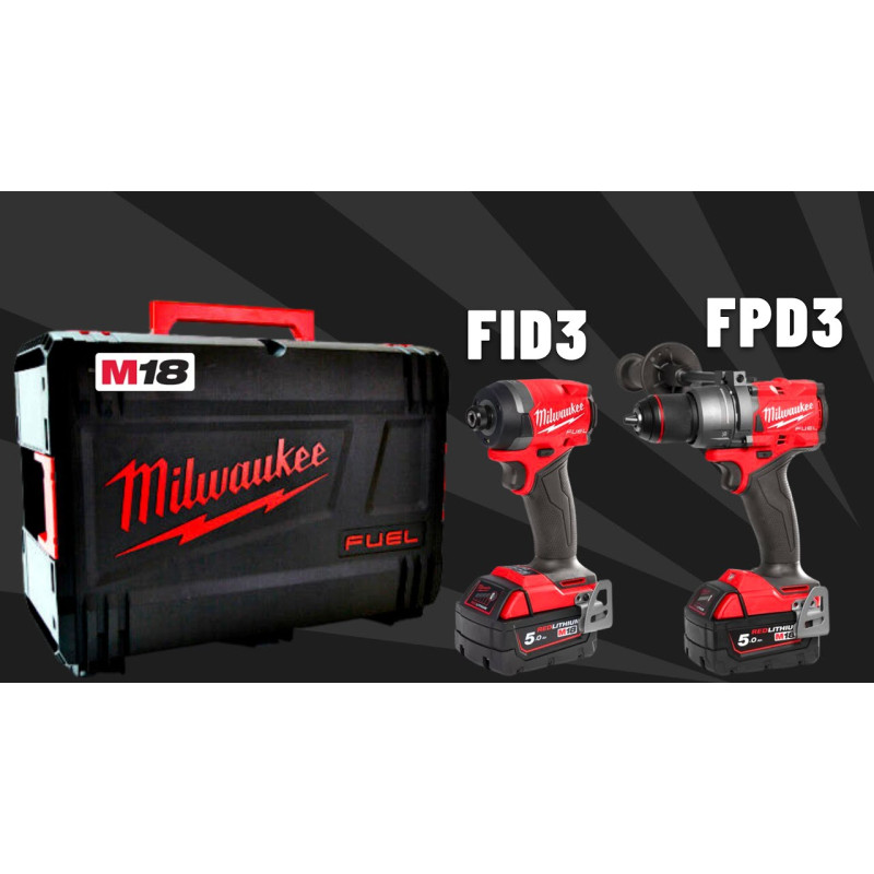 Купити Набір з двох інструментів безщіткових MILWAUKEE, M18 FPP2A3-502X (зарядний пристрій M12-18 FC, 2 акумулятори М18 В5 5Аг, M18 FPD3, M18 FID3, HD кейс). Офіційний магазин Мілвокі Україна, фірмова гарантія з доставкою по Украіні