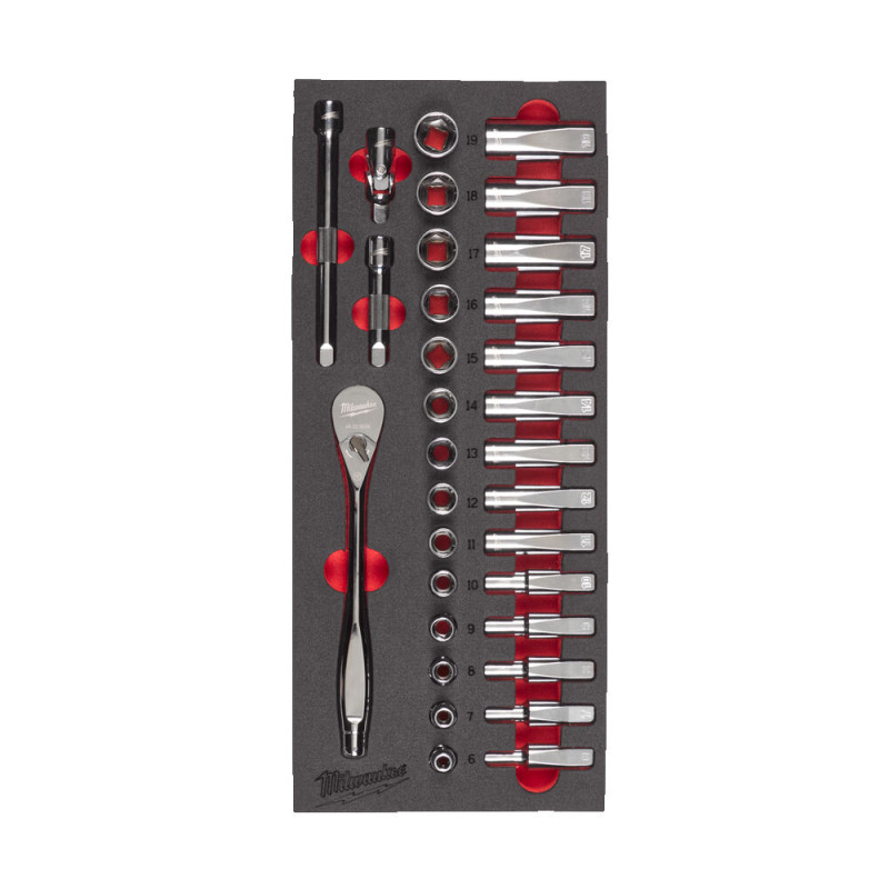 Купити Ложемент с головками хромованими та тріскачкой 3/8'' MILWAUKEE. (28шт) (45х178,5х417мм) для візків. Офіційний магазин Мілвокі Україна, фірмова гарантія з доставкою по Украіні