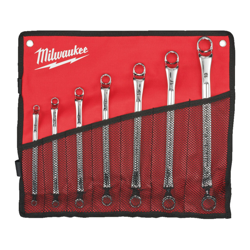 Купити Набір ключів накидних метричних хромованих MILWAUKEE, (6x7/8x9/10x11/12x13/14x15/16x17/18x19мм) (7шт) трикотажний чохол. Офіційний магазин Мілвокі Україна, фірмова гарантія з доставкою по Украіні