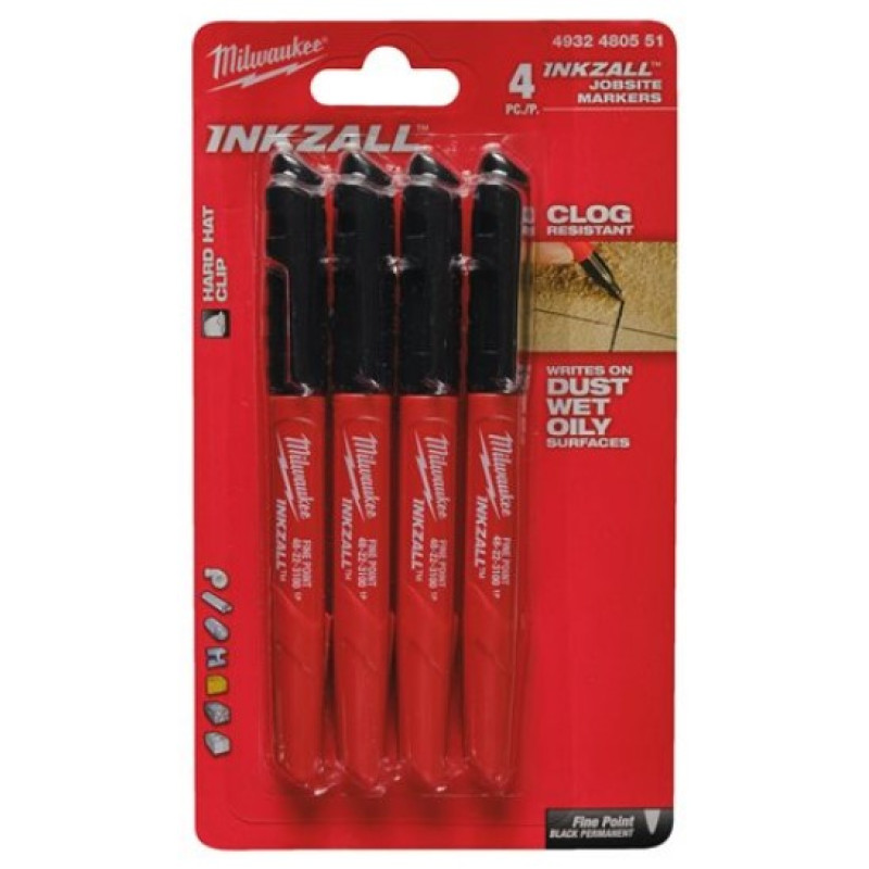 Купити Набір маркерів для будмайданчика INKZALL MILWAUKEE, тонких чорних, (4шт). Офіційний магазин Мілвокі Україна, фірмова гарантія з доставкою по Украіні