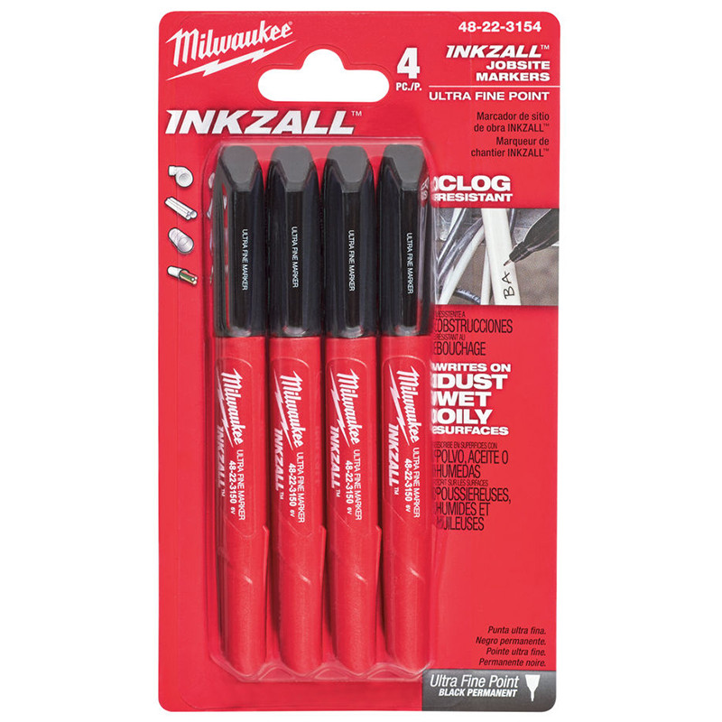 Купити Набір маркерів для будмайданчика InkZAll MILWAUKEE, ультра-тонких, чорних, (4шт). Офіційний магазин Мілвокі Україна, фірмова гарантія з доставкою по Украіні