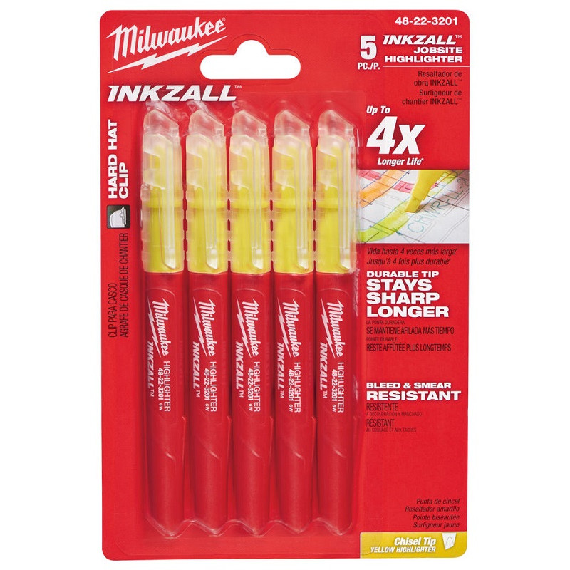 Купити Набір маркерів для текста INKZALL MILWAUKEE, жовтих, (5шт). Офіційний магазин Мілвокі Україна, фірмова гарантія з доставкою по Украіні