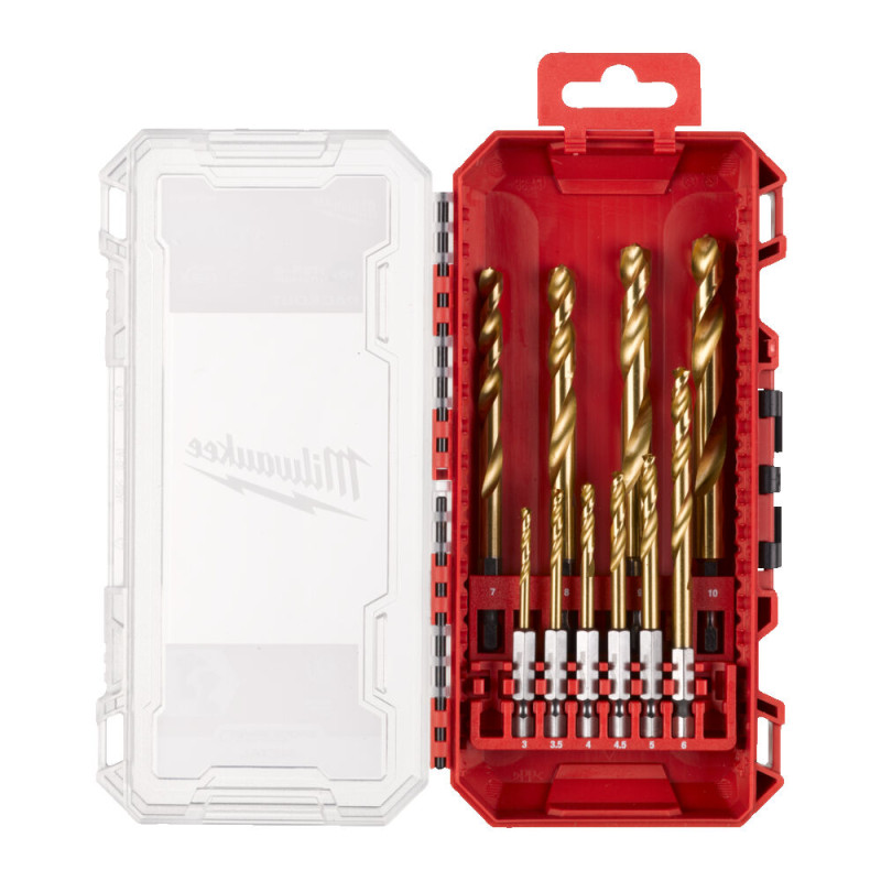 Купити Набір свердел по металу RedHEX SHOCKWAVE HSS-TiN PACKOUT MILWAUKEE, (діаметри 3/3,5/4/4,5/ 5/6/7/ 8/9/10мм) (10шт) пластиковий кейс. Офіційний магазин Мілвокі Україна, фірмова гарантія з доставкою по Украіні