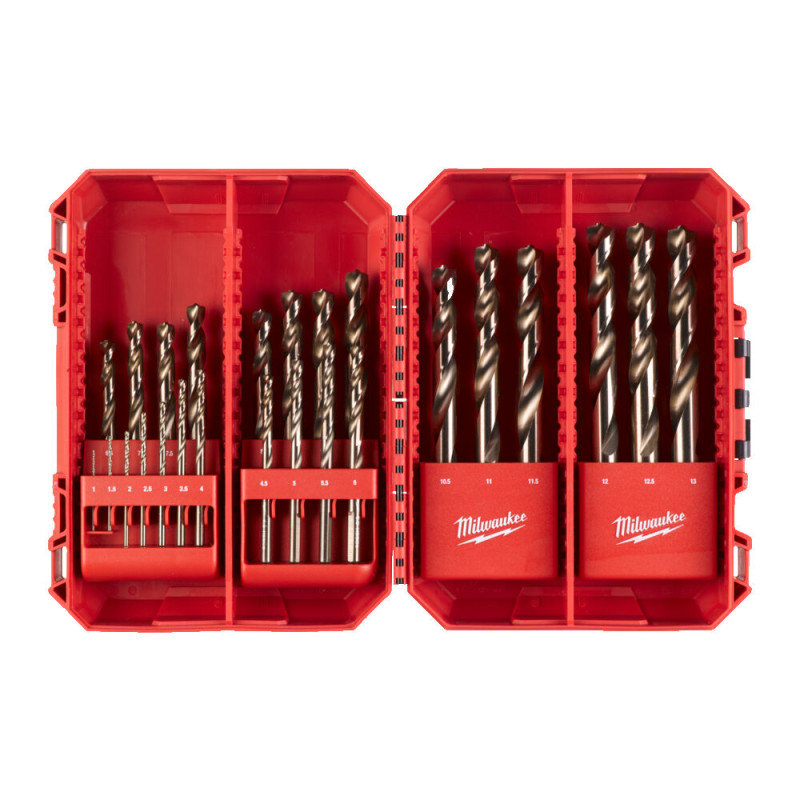 Купити Набір свердел по металу кобальтових HSS-Co PACKOUT MILWAUKEE, DIN338, (діаметри 1/1,5/2/2,5/3/3,5/ 4/4,5/5/5,5/6/6,5/ 7/7,5/8/8,5/9/ 9,5/10/10,5/11/ 11,5/12/12,5/13мм) (25шт) пластиковий кейс. Офіційний магазин Мілвокі Україна, фірмова гарантія з доставкою по Украіні