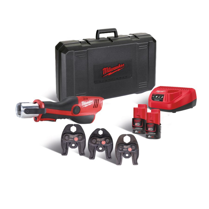 Купити Обтискач гідравлічний акумуляторний для труб MILWAUKEE M12 HPT-202C U-SET (зарядний пристрій С12 С, 2 акумулятори М12 В2 2Аг, аксесуари, кейс). Офіційний магазин Мілвокі Україна, фірмова гарантія з доставкою по Украіні