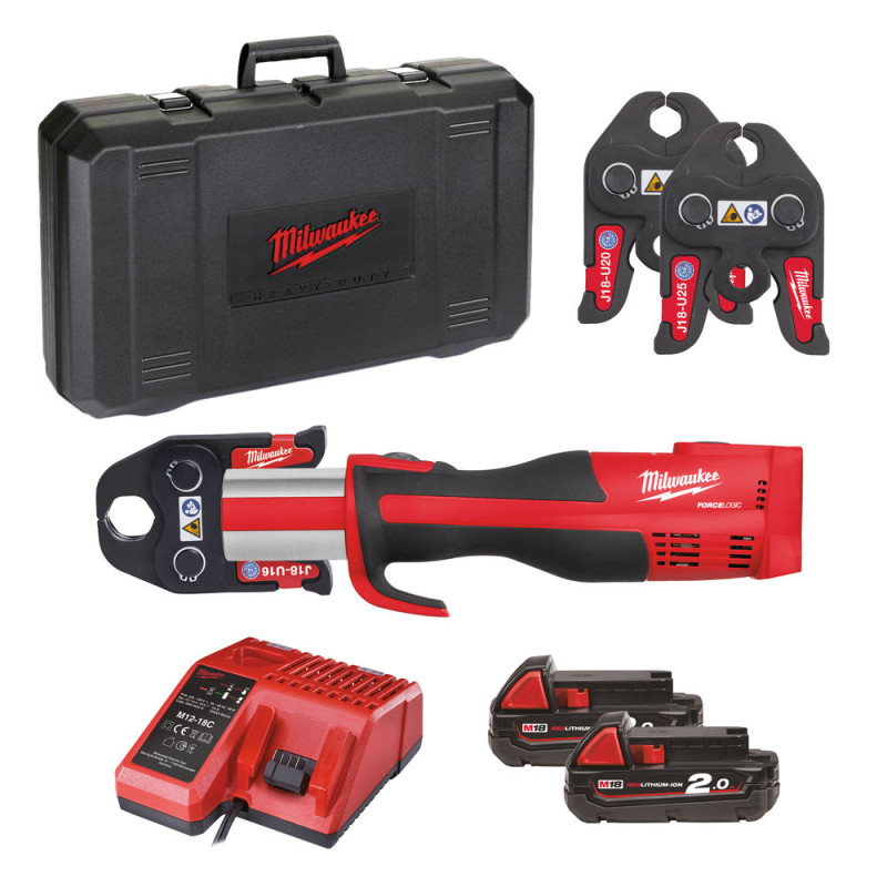 Купити Обтискач гідравлічний акумуляторний для труб MILWAUKEE, M18 BLHPT-202C U-SET (зарядний пристрій М12-18 С, 2 акумулятори М18 В2 2Аг, U-кліщі, кейс). Офіційний магазин Мілвокі Україна, фірмова гарантія з доставкою по Украіні