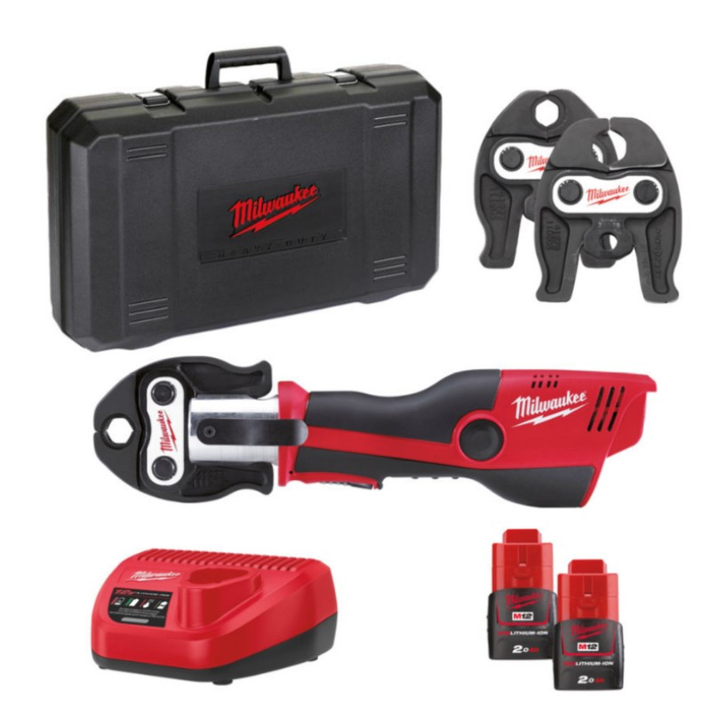 Купити Обтискач гідравлічний акумуляторний для труб MILWAUKEE, M12 HPT-202C V-SET2 (зарядний пристрій С12 С, 2 акумулятори М12 В2 2Аг, аксесуари, кейс). Офіційний магазин Мілвокі Україна, фірмова гарантія з доставкою по Украіні
