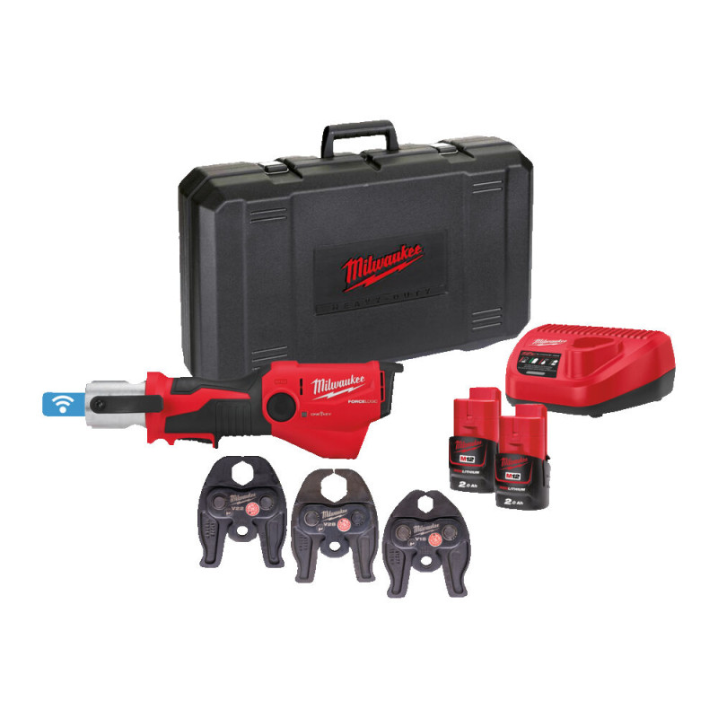 Купити Обтискач гідравлічний акумуляторний для труб MILWAUKEE, M12 ONEHPT-202C V-SET2 (зарядний пристрій С12 С, 2 акумулятори М12 В2 2Аг, аксесуари, кейс). Офіційний магазин Мілвокі Україна, фірмова гарантія з доставкою по Украіні