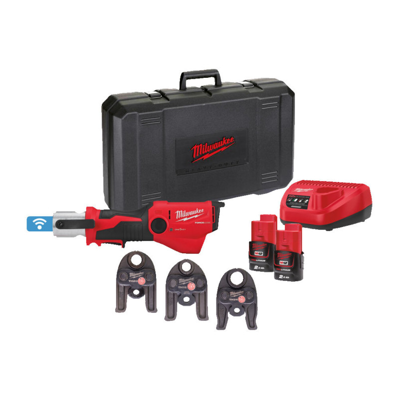 Купити Обтискач гідравлічний акумуляторний для труб MILWAUKEE, M12 ONEHPT-202C TH-SET (зарядний пристрій С12 С, 2 акумулятори М12 В2 2Аг, аксесуари, кейс). Офіційний магазин Мілвокі Україна, фірмова гарантія з доставкою по Украіні
