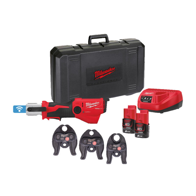 Купити Обтискач гідравлічний акумуляторний для труб MILWAUKEE, M12 ONEHPT-202C U-SET (зарядний пристрій С12 С, 2 акумулятори М12 В2 2Аг, аксесуари, кейс). Офіційний магазин Мілвокі Україна, фірмова гарантія з доставкою по Украіні