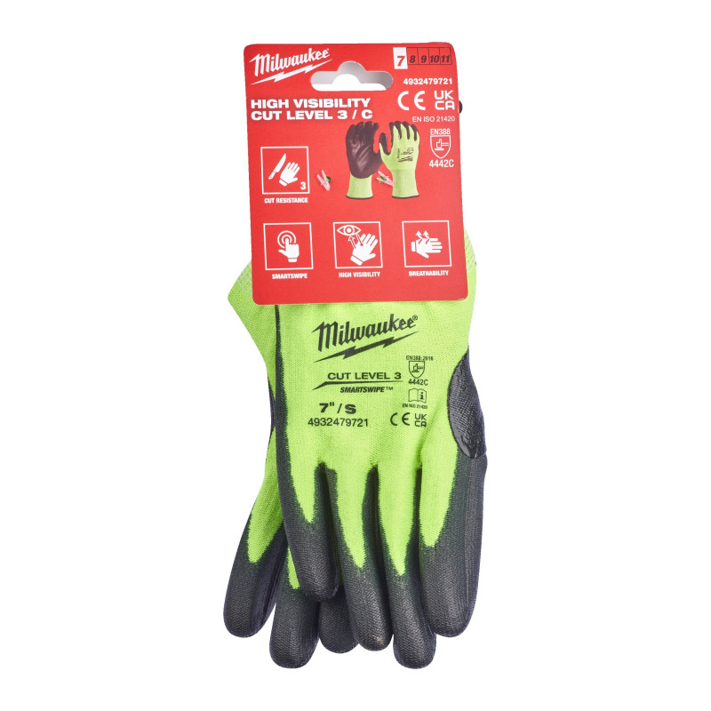 Купити Рукавиці робочі сигнальні Hi-Vis MILWAUKEE. з опором порізам 3/С рівня, розмір 7/S, (144 пари). Офіційний магазин Мілвокі Україна, фірмова гарантія з доставкою по Украіні