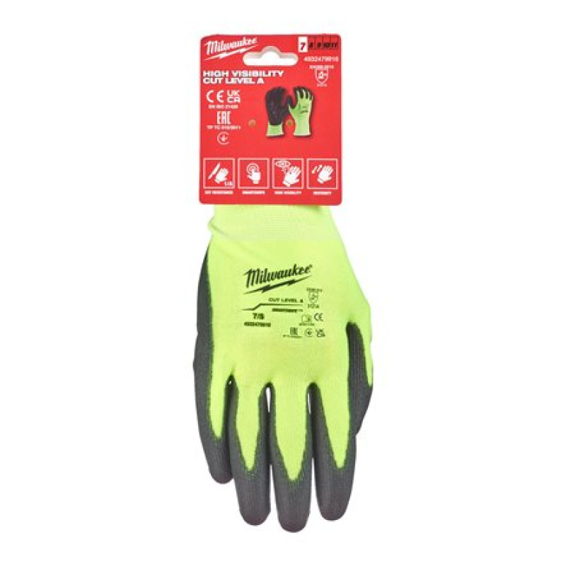 Купити Рукавиці робочі сигнальні Hi-Vis MILWAUKEE, з опором порізам 1/A рівня, розмір 10/XL, (12 пар). Офіційний магазин Мілвокі Україна, фірмова гарантія з доставкою по Украіні