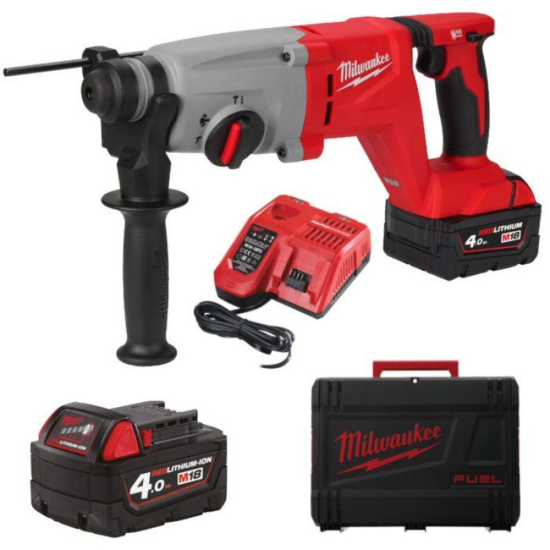 Купити Перфоратор акумуляторний безщітковий SDS-PLUS MILWAUKEE, M18 BLHACD26-402X, 2,6Дж (зарядний пристрій М12-18 С, 2 акумулятори М18 В5 5Аг, бічна рукоять, обмежувач глибини, HD кейс). Офіційний магазин Мілвокі Україна, фірмова гарантія з доставкою по Украіні