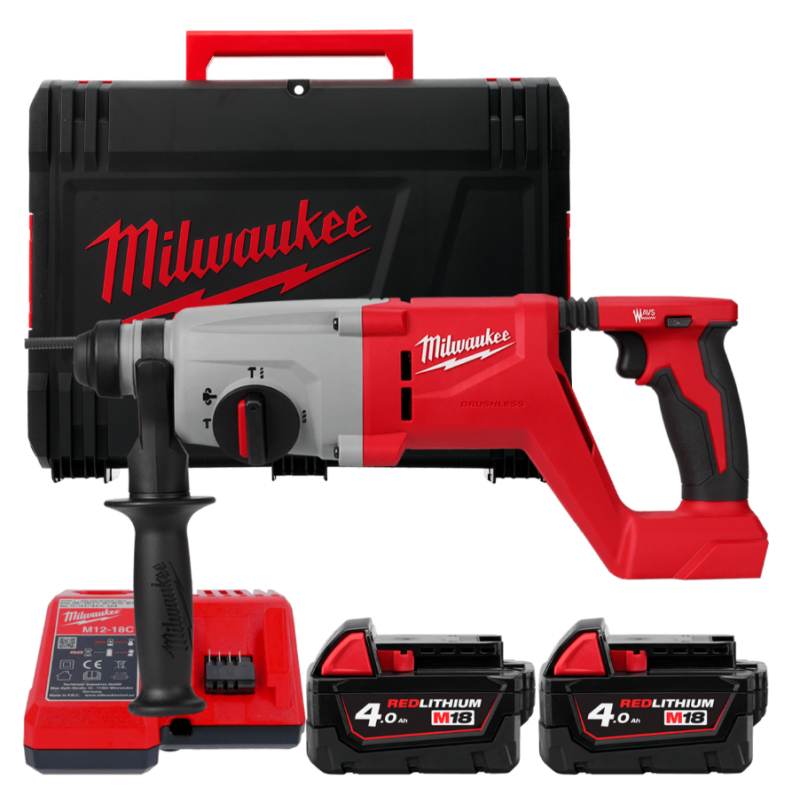 Купити Перфоратор акумуляторний безщітковий SDS-PLUS MILWAUKEE, M18 BLHACD26-402X, 2,6Дж (зарядний пристрій М12-18 С, 2 акумулятори М18 В5 5Аг, бічна рукоять, обмежувач глибини, HD кейс). Офіційний магазин Мілвокі Україна, фірмова гарантія з доставкою по Украіні