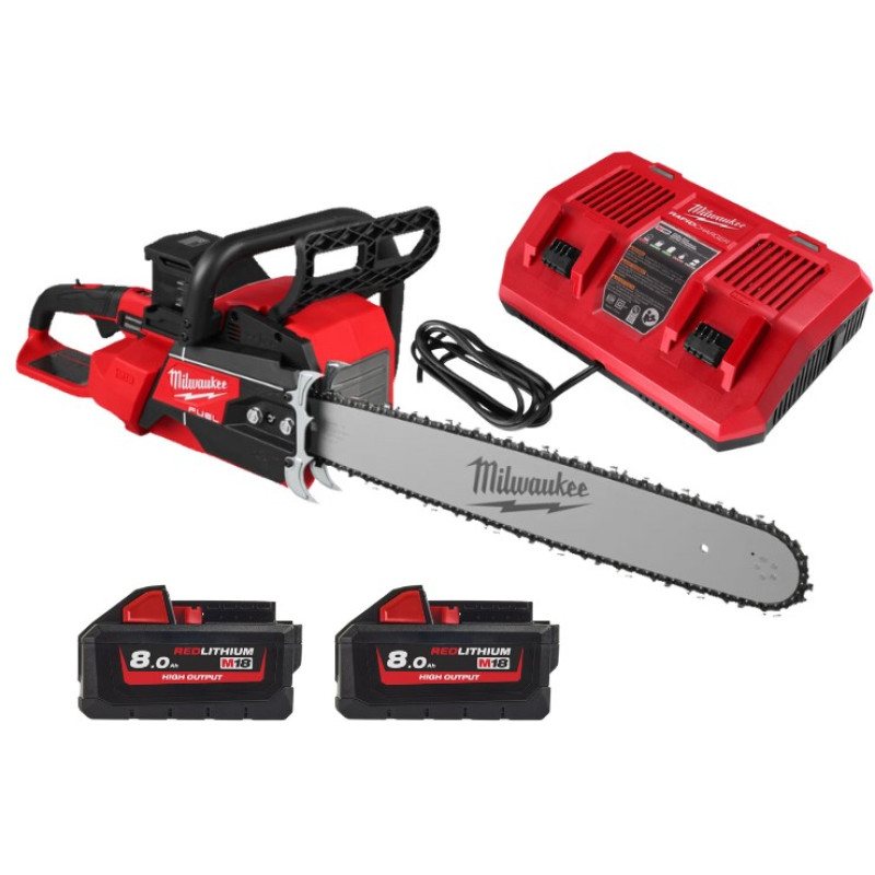Купити Пила ланцюгова акумуляторна безщіткова MILWAUKEE, M18 F2CHS50-802 (2х18В), шина 50см (каркас) (зарядний пристрій M12-18 FC, 2 акумулятори FB8 8Аг, ключ, чохол, ланцюг, мастило для ланцюга 75мл, картонне пакуванння). Офіційний магазин Мілвокі Україна, фірмова гарантія з доставкою по Украіні