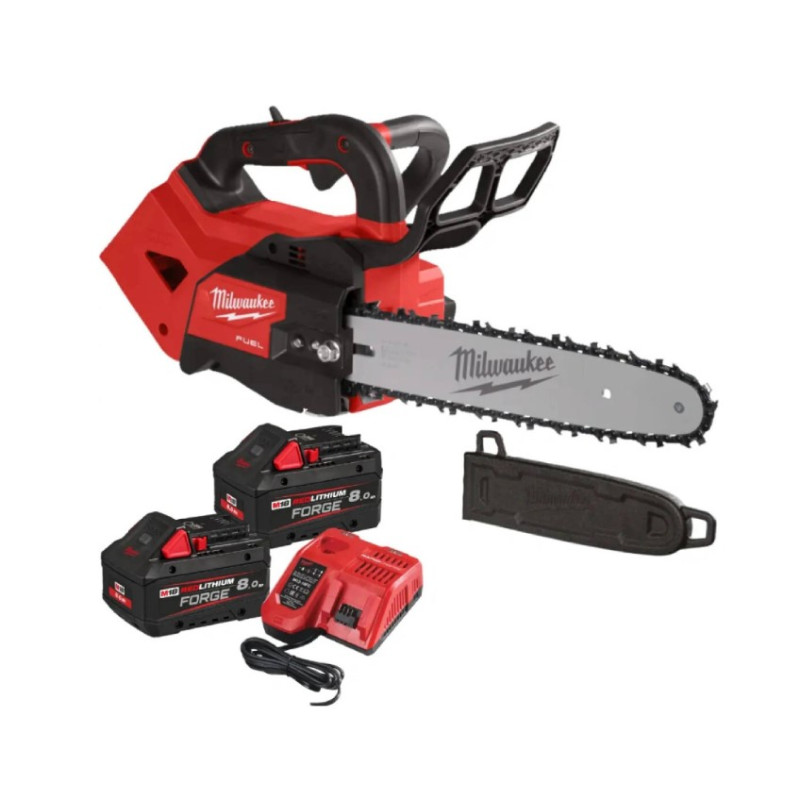 Купити Пила ланцюгова акумуляторна безщіткова з верхньою рукояткою MILWAUKEE, M18 FTHCHS30-802, шина 30см (зарядний пристрій M12-18 FC, 2 акумулятори FB8 8Аг, чохол, ланцюг, мастило для ланцюга 75мл. картонне пакуванння). Офіційний магазин Мілвокі Україна, фірмова гарантія з доставкою по Украіні