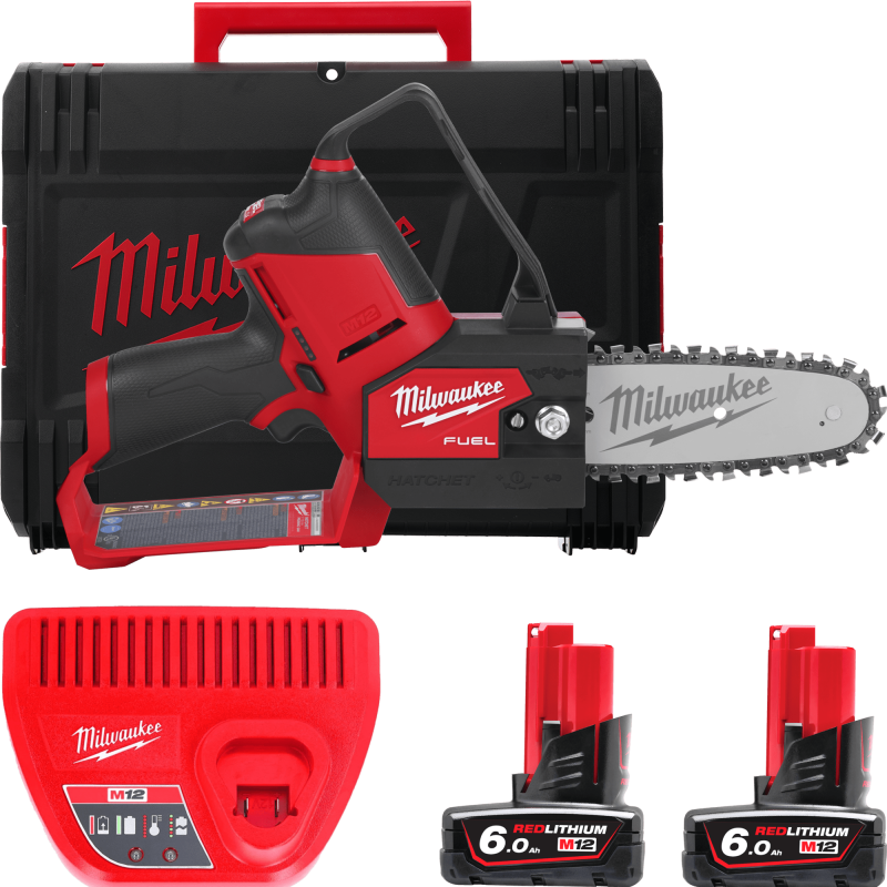 Купити Пила ланцюгова акумуляторна безщітков MILWAUKEE, M12 FHS-602X,  шина 15см (зарядний пристрій С12 С, 2 акумулятори М12 В6 6Аг, чохол, ланцюг, HDкейс). Офіційний магазин Мілвокі Україна, фірмова гарантія з доставкою по Украіні