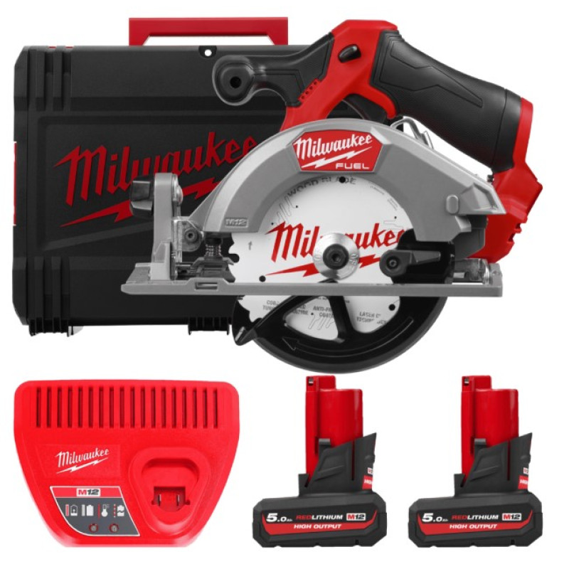 Купити Пила дискова ручна акумуляторна безщіткова MILWAUKEE, M12 FCS442-502X, діаметр 140мм (зарядний пристрій С12 С, 2 акумулятори М12 НВ5 5Аг, диск, HDкейс). Офіційний магазин Мілвокі Україна, фірмова гарантія з доставкою по Украіні