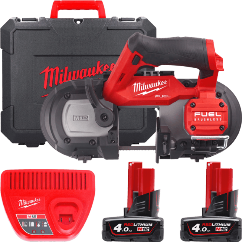 Купити Пила стрічкова акумуляторна безщіткова MILWAUKEE, M12 FBS64-402C, 64мм  (зарядний пристрій С12 С, 2 акумулятори М12 В4 4Аг, полотно, кейс). Офіційний магазин Мілвокі Україна, фірмова гарантія з доставкою по Украіні