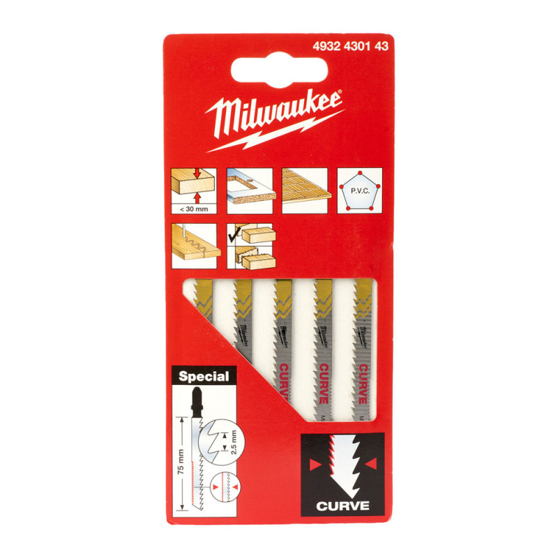 Купити Полотна для лобзиків Curve MILWAUKEE, 75х2,5мм, (5шт), (деревина, фігурний різ). Офіційний магазин Мілвокі Україна, фірмова гарантія з доставкою по Украіні