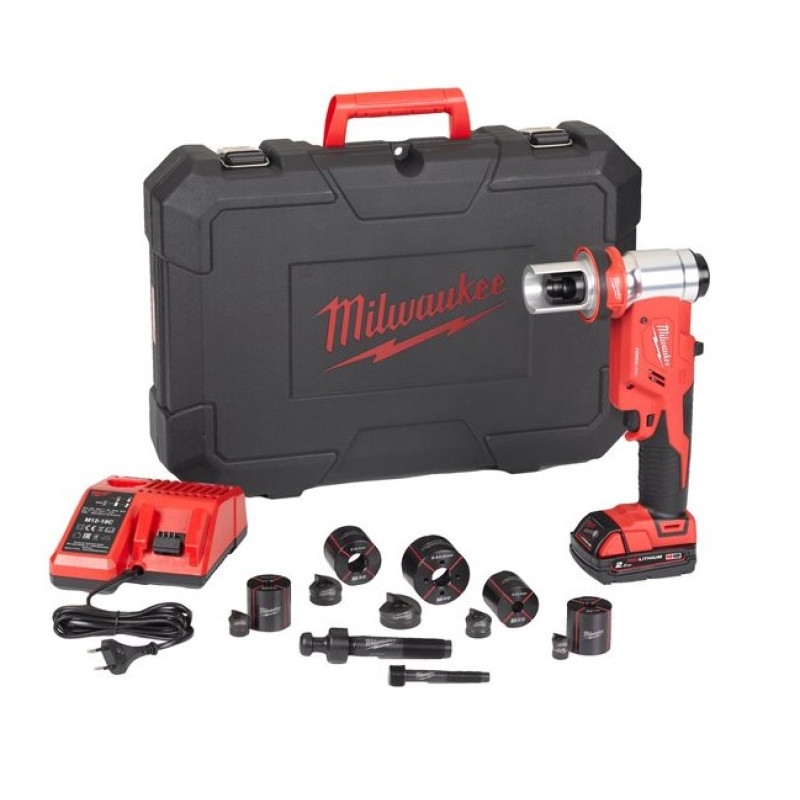Купити Пробійник гідравлічний для отворів акумуляторний FORCE LOGIC MILWAUKEE M18 HKP-201CA (зарядний пристрій М12-18 С, 1 акумулятор М18 В2 2Аг, 2 шпильки. конектор, кульова тяга, адаптер, 10 пробійників та обмежувальних гільз,  кейс). Офіційний магазин Мілвокі Україна, фірмова гарантія з доставкою по Украіні