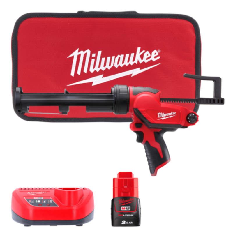 Купити Пістолет для герметиків акумуляторний MILWAUKEE M12 PCG/310C-201B, 310мл (зарядний пристрій С12 С, 1 акумулятор М12 В2 2Аг, пластиковий картридж, сумка). Офіційний магазин Мілвокі Україна, фірмова гарантія з доставкою по Украіні