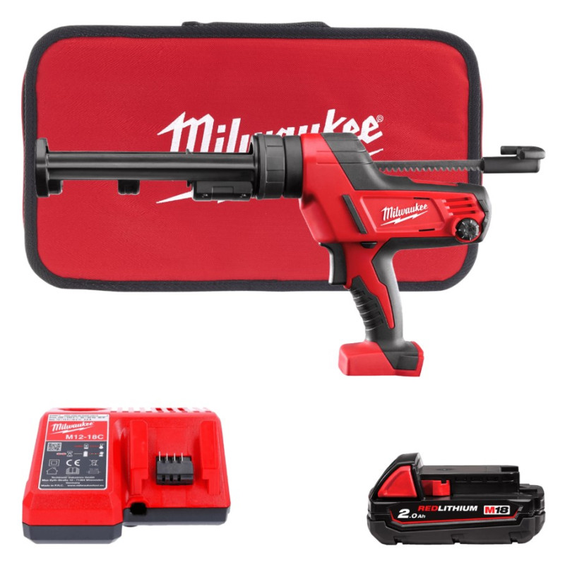 Купити Пістолет для герметиків акумуляторний MILWAUKEE, C18 PCG/310C-201В, 310мл (зарядний пристрій М12-18 С, 1 акумулятор М18 В2 2Аг, пластиковий картридж, сумка). Офіційний магазин Мілвокі Україна, фірмова гарантія з доставкою по Украіні