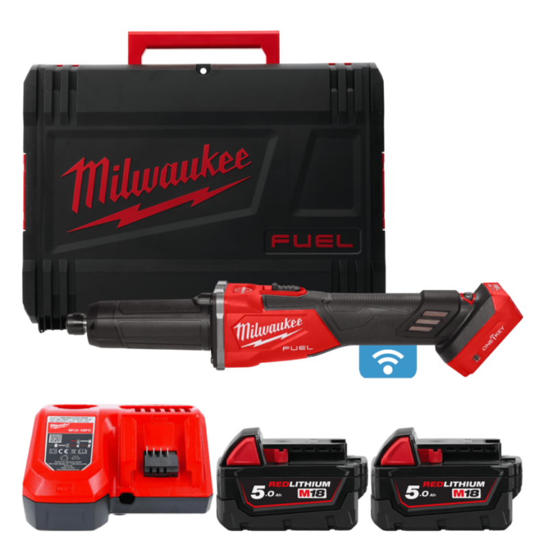 Купити Шліфмашина пряма акумуляторна безщіткова MILWAUKEE, M18 FDGROVB-502X (зарядний пристрій M12-18 FC, 2 акумулятори М18 В5 5Аг, HDкейс). Офіційний магазин Мілвокі Україна, фірмова гарантія з доставкою по Украіні