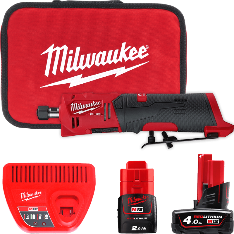 Купити Шліфмашина пряма цангова акумуляторна безщіткова MILWAUKEE, M12 FDGS-422B (зарядний пристрій С12 С, 1 акумулятор М12 В2 2Аг, 1 акумулятор М12 В4 4Аг,  цангі 6 та 8мм, сумка). Офіційний магазин Мілвокі Україна, фірмова гарантія з доставкою по Украіні